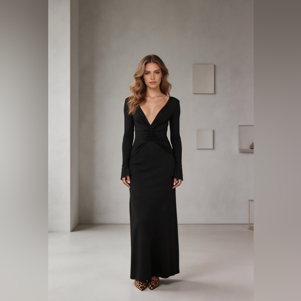 Princess Polly Lezure  Black Long-Sleeve Plunged V-Neck Maxi Dress